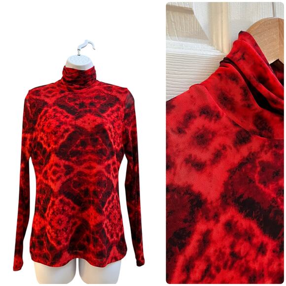 INC Red Black Tie Dye Turtleneck Lined Mesh Blouse Small Goth Vampire Romance - Picture 10 of 10